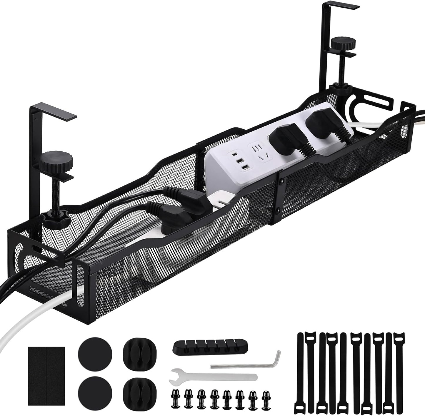 Clamp-On Under Desk Cable Management Tray – 25.3 Inch No Drill Metal Wire Organizer for Home Office & Standing Desk Setup (Black)