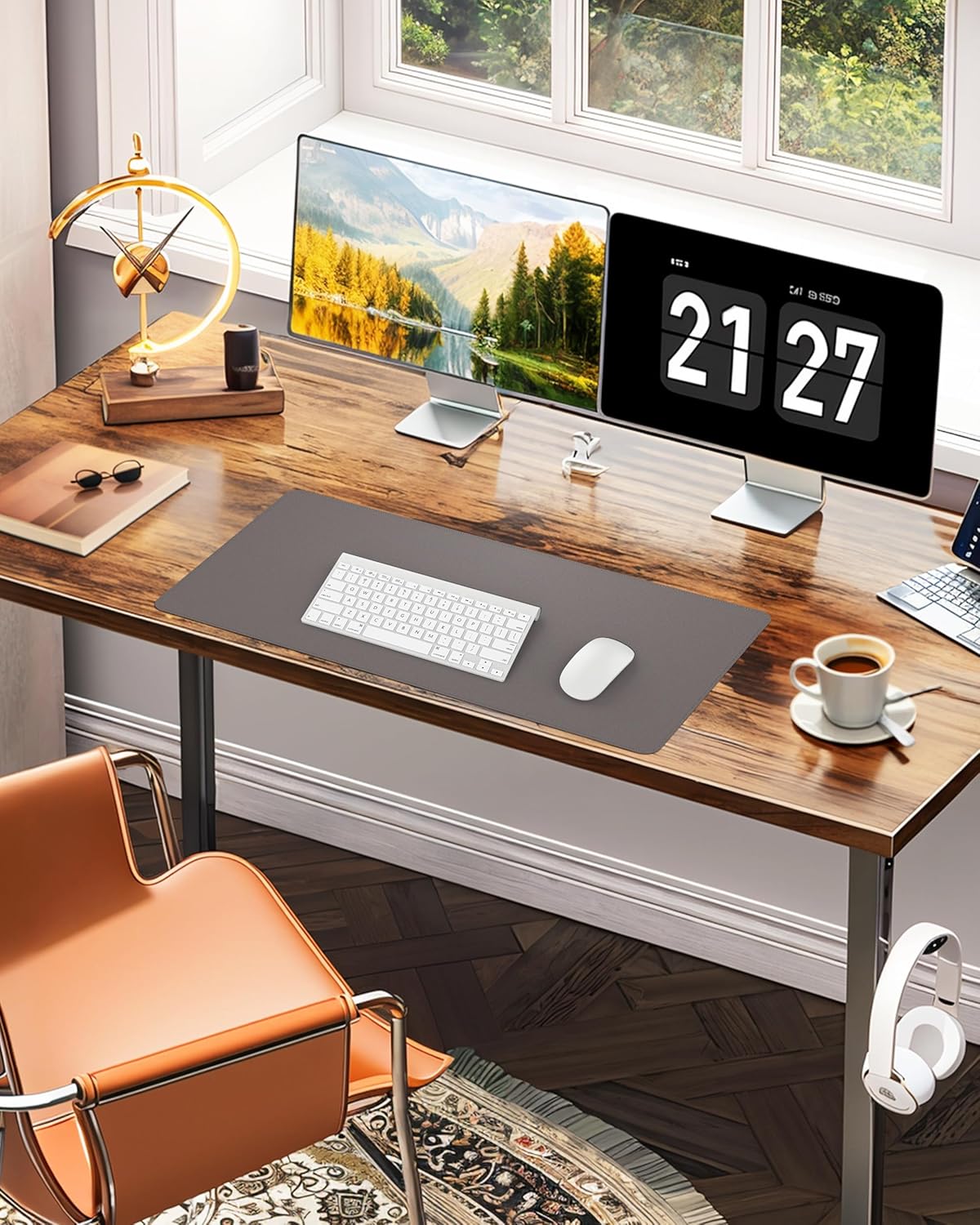 Desk Pad Mat 23.6"x13.7" - Waterproof Mouse Pad & Desk Protector, Non-Slip PU Leather for Gaming Keyboard/Mouse, Stitched Edge XL Office Desk Pad with Ergonomic Support(Dark Grey)