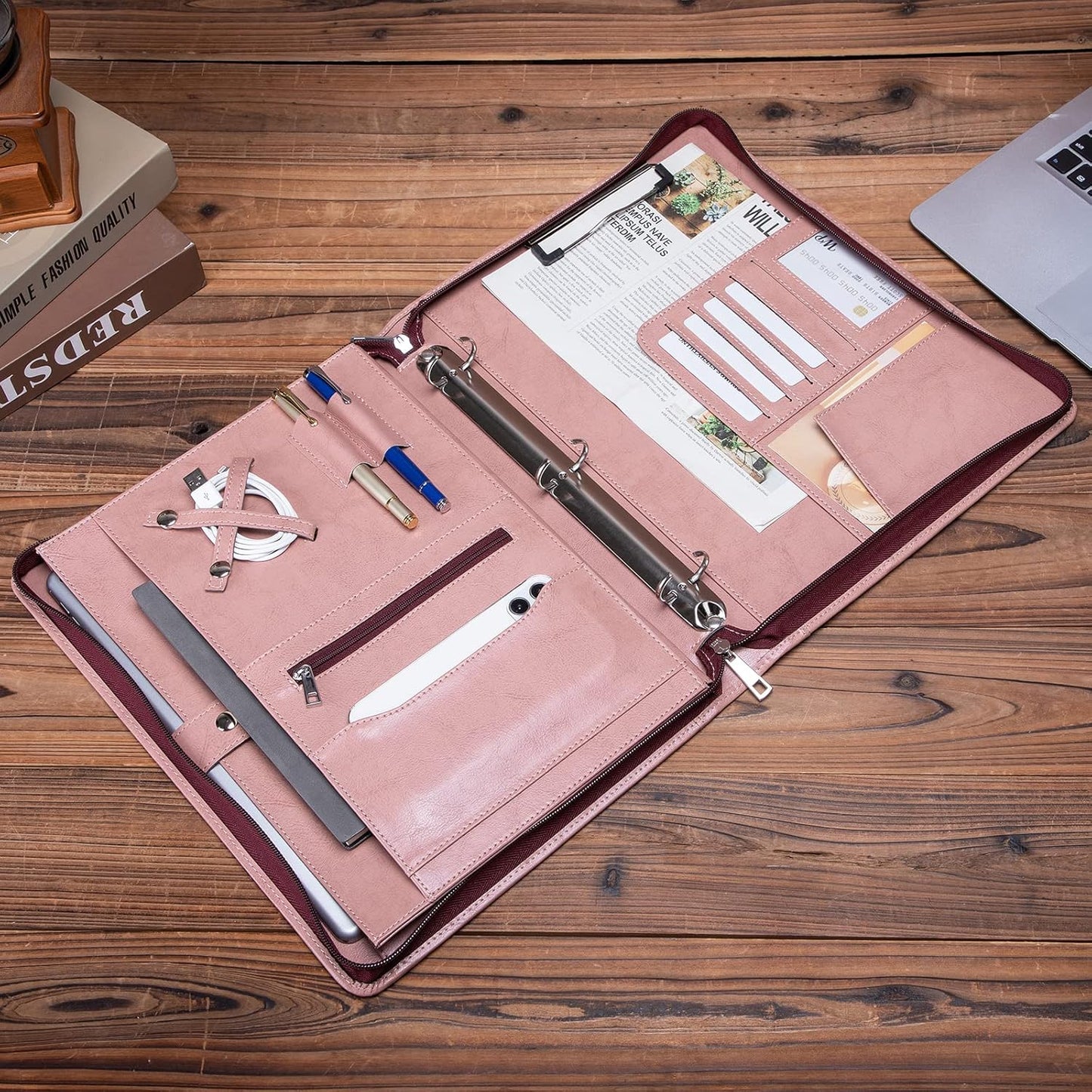 Vegan Leather Portfolio 3 Ring Binder with Clipboard, Hidden Handle, 8.5 x 11 Zippered Padfolio, Business Organizer Professional Executive Folio for Women, Pink