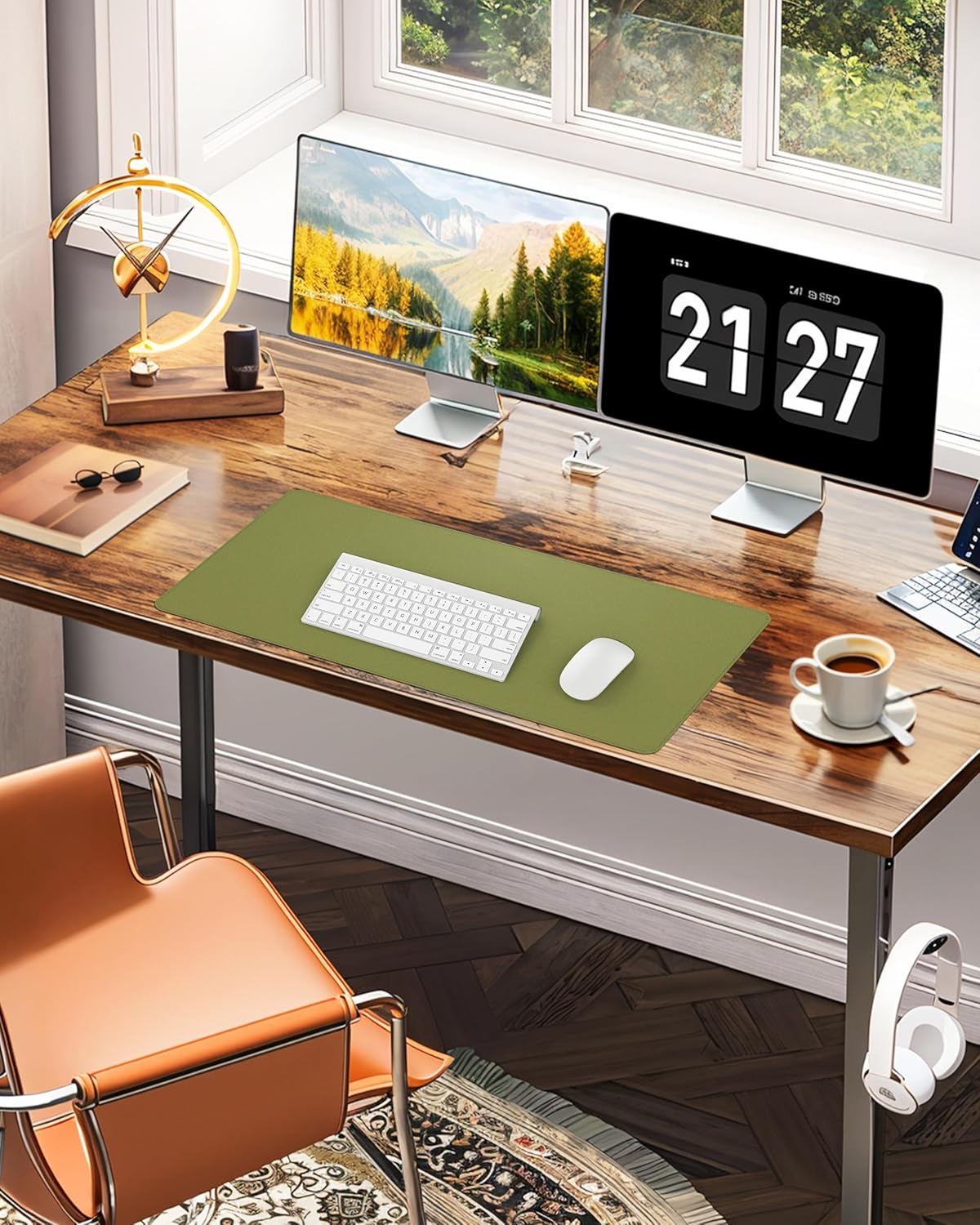 Desk Pad Mat 23.6"x13.7" - Waterproof Mouse Pad & Desk Protector, Non-Slip PU Leather for Gaming Keyboard/Mouse, Stitched Edge XL Office Desk Pad with Ergonomic Support(Green)