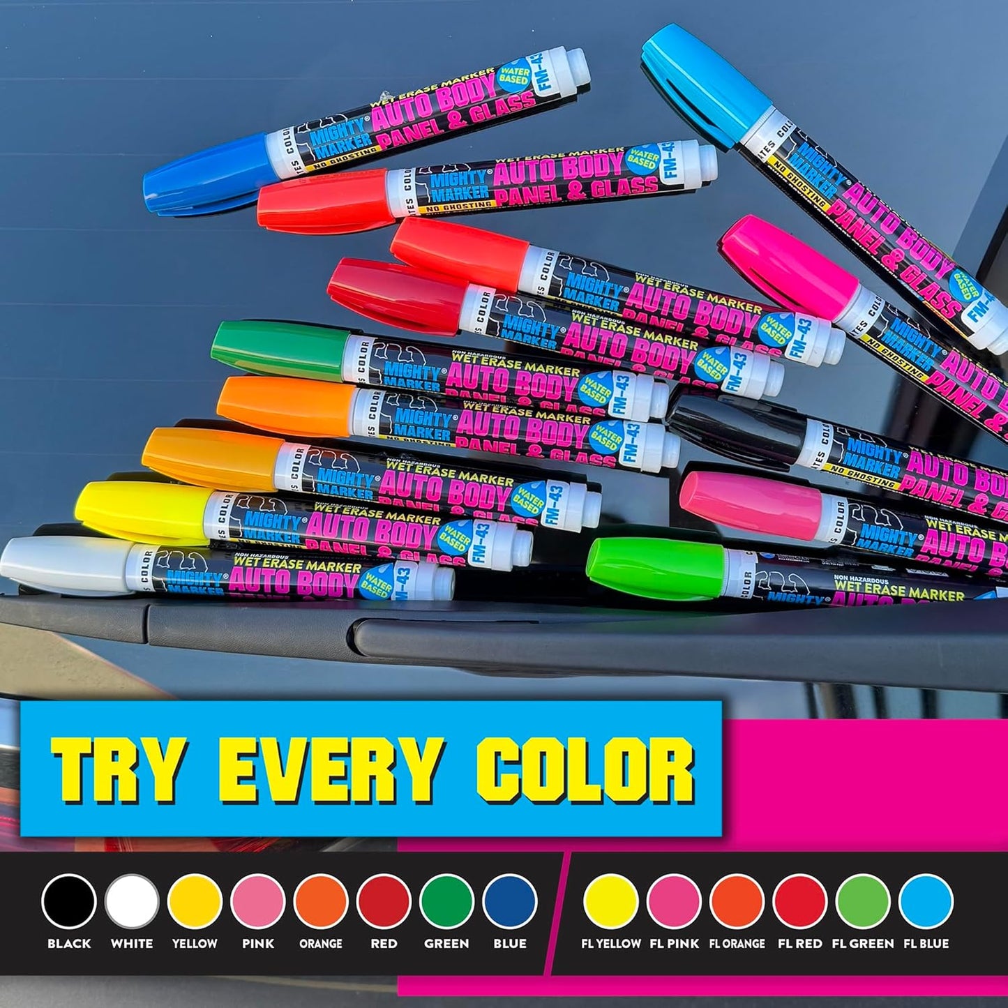 FM-43 Auto Body and Glass Paint Marker, No-Ghost, Highly Water-Resistant, 2.3mm Bullet Tip, Valve Action, 6 Bonus Reversible Tips, Made in USA - Fl. Pink 6 Pack