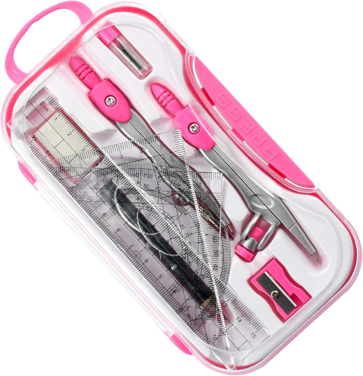 10 Pieces Math Geometry Kit Set Student Supplies with Shatterproof Storage Box,Includes Rulers,Protractor,Compass,Eraser,Pencil Sharpener,Lead Refills,Pencil,for School and Drawings（Pink）