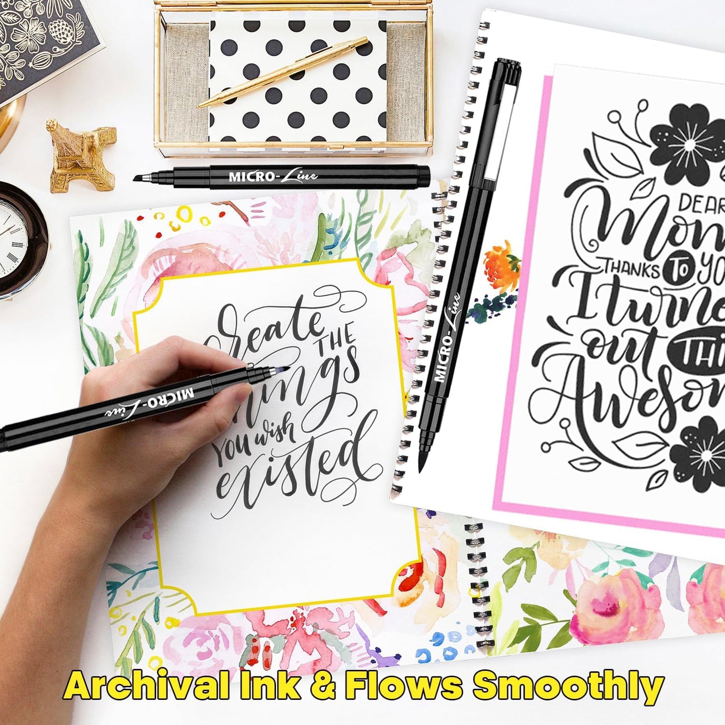 Dyvicl Hand Lettering Pens, Calligraphy Brush Pens Art Markers for Beginners Writing, Sketching, Drawing, Illustration, Scrapbooking, Journaling, Black Ink Pen Set, 8 Sizes