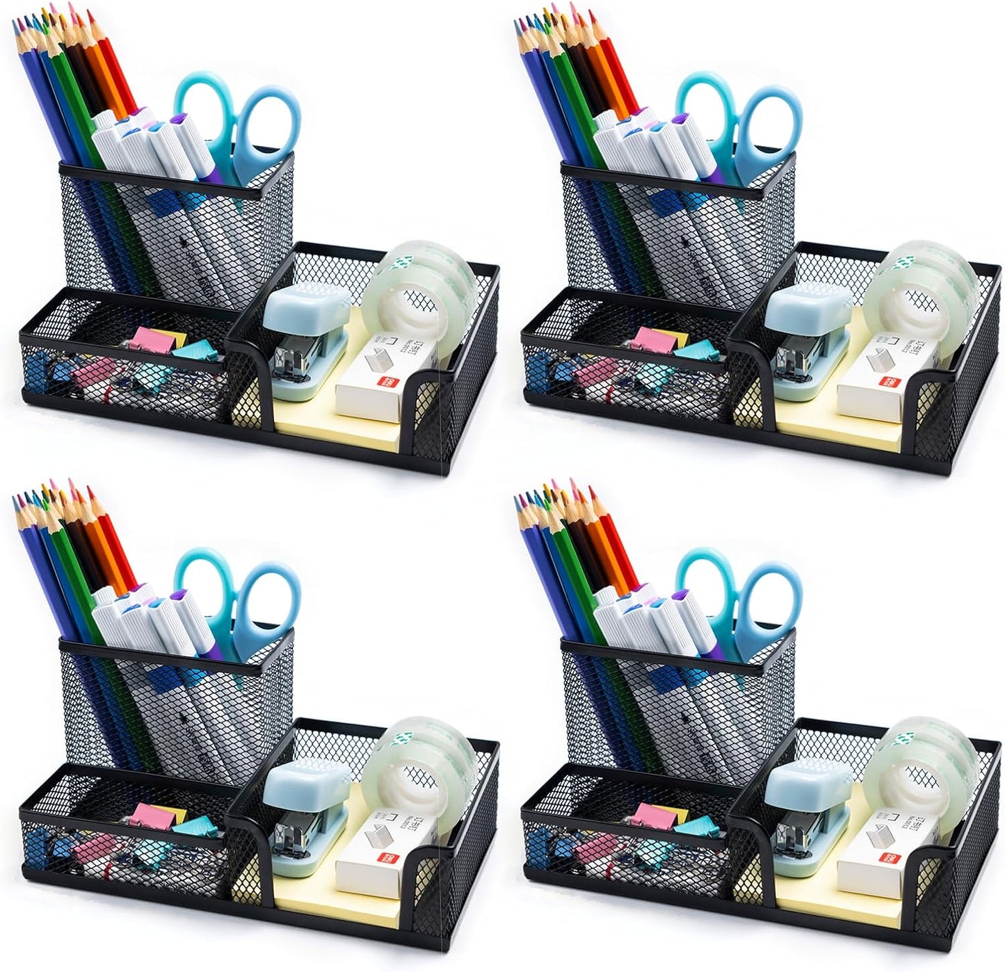 4 Pieces Mesh Pen Holder Desk Organizers and Accessories for Deskop Organizer,3 Compartments Black Pencil Holder for Office Supplies,Gifts for Colleague