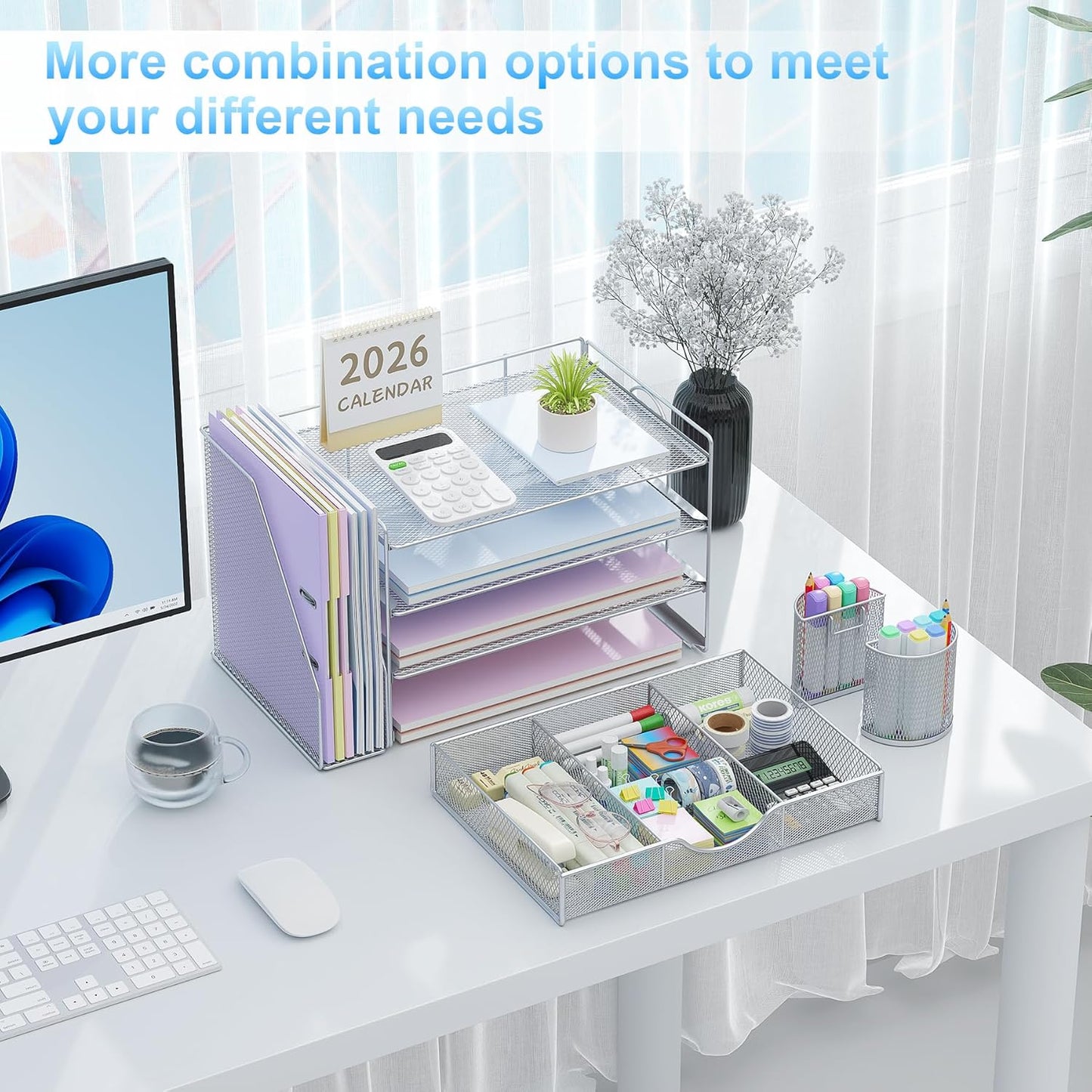 gianotter Desk Organizers and Accessories with File Holder, 4-Tier Desk Accessories & Workspace Organizers with Drawer and 2 Pen Holder, Paper Organizer for Office Supplies (Grey)