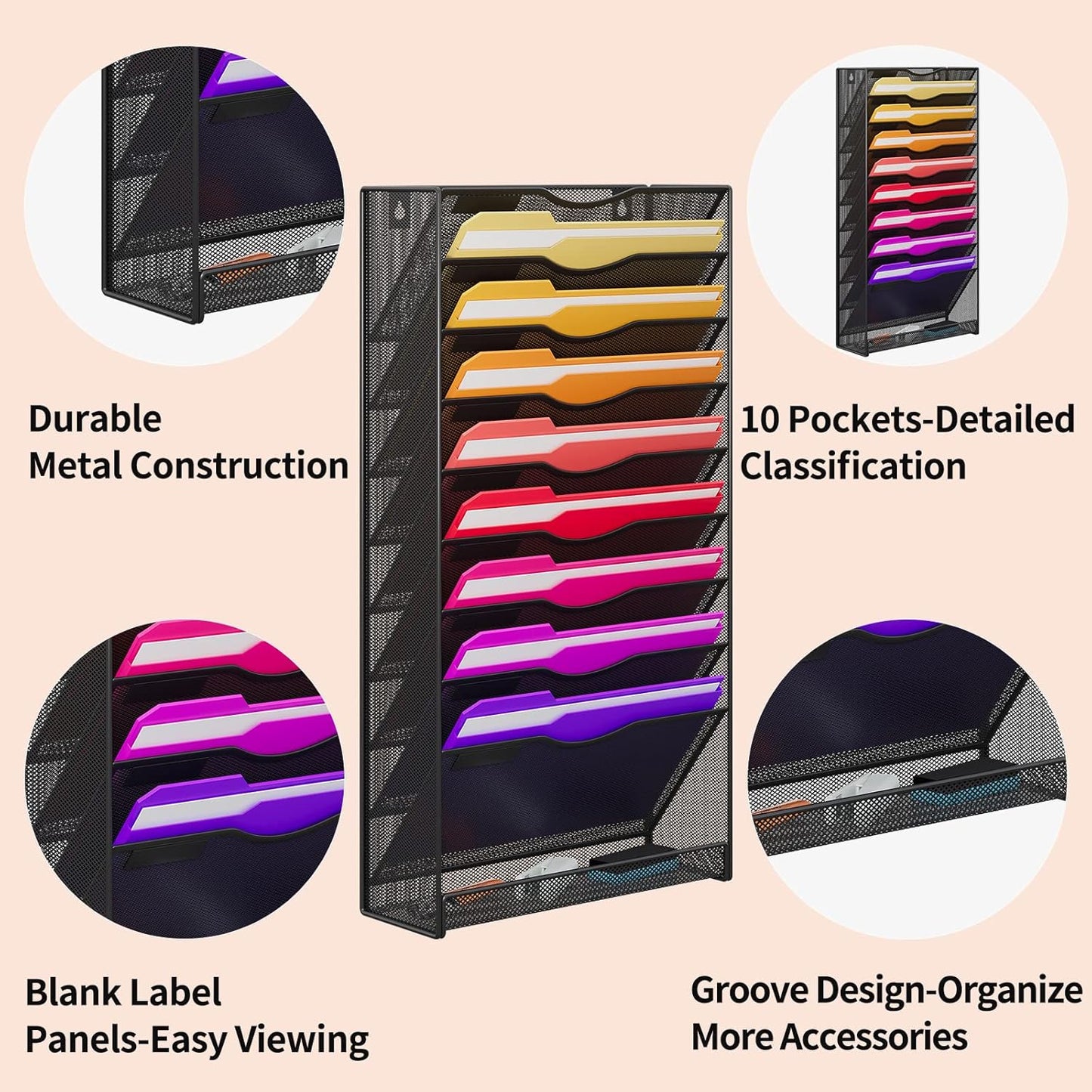 10-Tier Hanging Wall File Organizer Wall Mounted File Holder Document Wall Organizer for Office Organization and School Storage (No Assembly Required) (10 Tier Black)