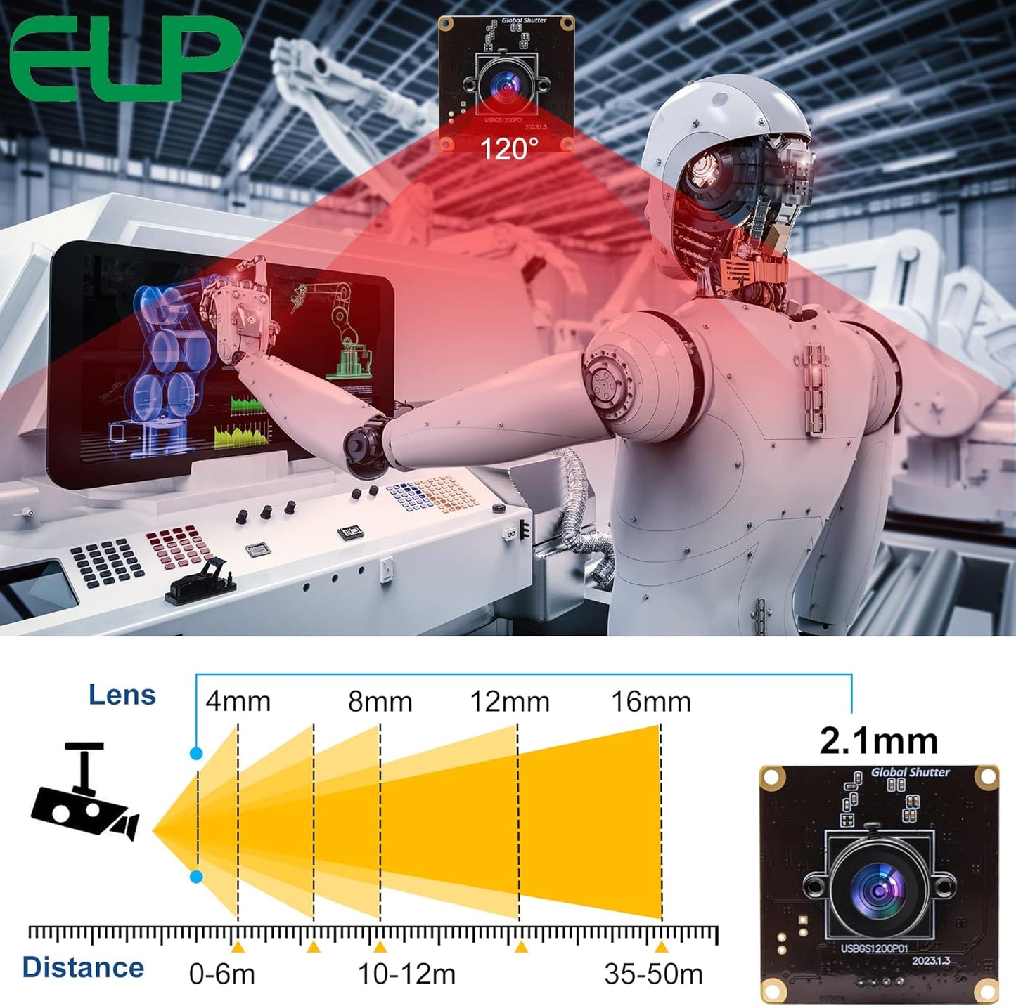 ELP High Speed Wide Angle Global Shutter USB Camera Module for Computer 1080P Mini UVC USB2.0 Webcam Board with 2.1mm Lens AR0234 High Frame 90fps Web PC Camera Board for Laptop Raspberry Pi