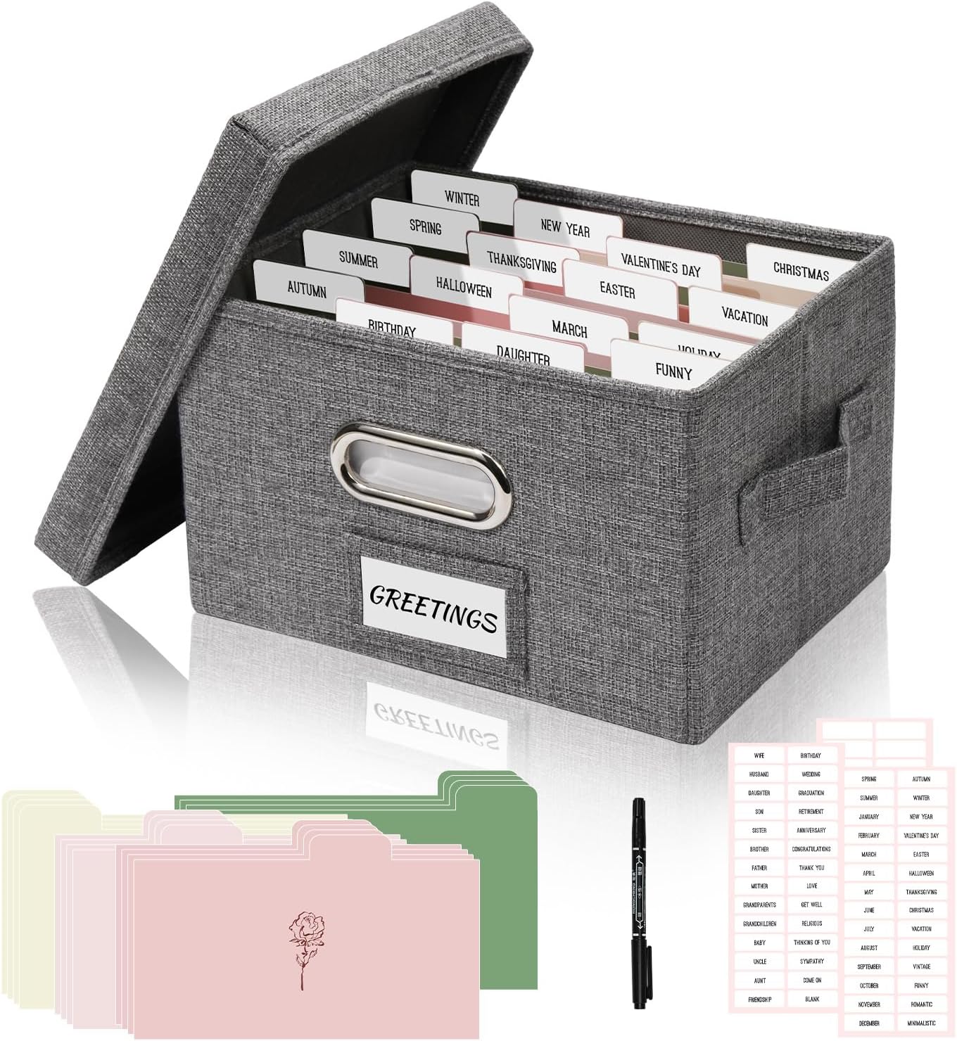 Greeting Card Storage Box, Linen Storage Box with 16 Adjustable Dividers, 84 Labels, 1 Marker Pen, Perfect for Organizing Greeting Cards, Envelopes, Photos 1 Pack Grey