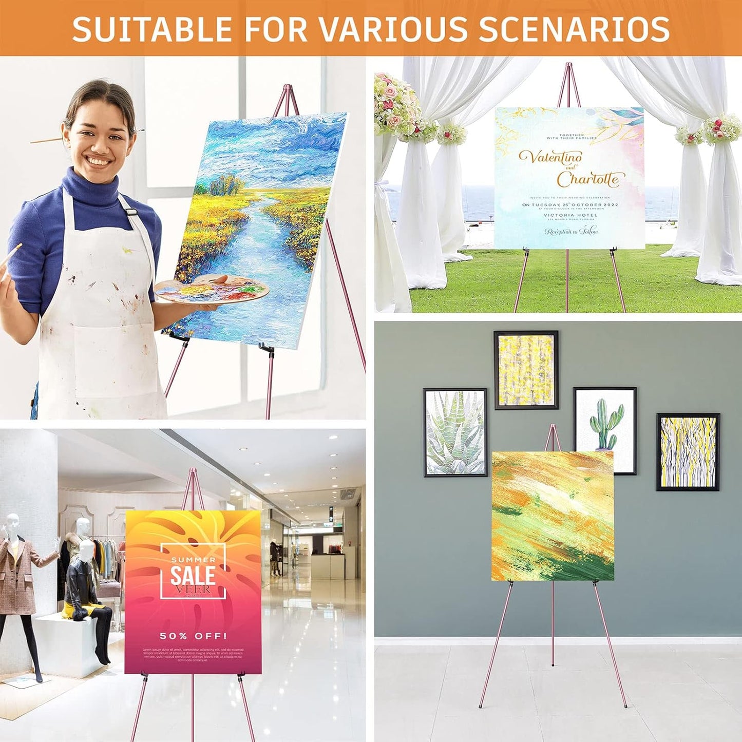 Easel Stand for Display, Aredy 63" Portable Painting Easel, Lightweight Metal Easels for Painting Canvas, Wedding Sign (2 Pack, Pink)