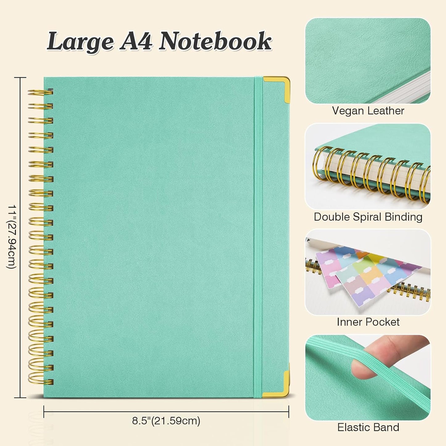 Bullet Dotted Journal Spiral Notebook, 300 Pages Leather Notebooks with Contens, 120 GSM Thick No Bleed Through Paper Journals, A4 Large Dot Grid Notebook for Women Men Work Writing, 8.5" x 11", Green