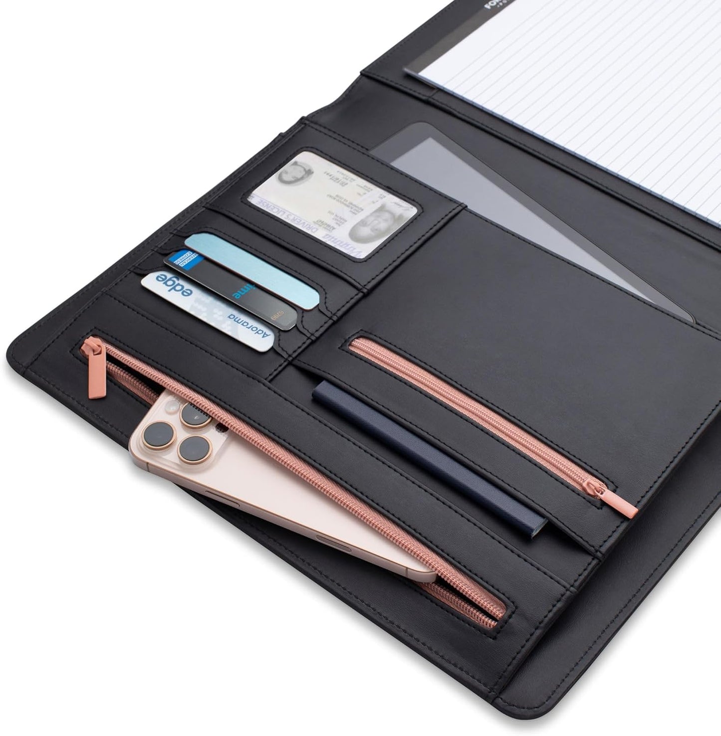 Padfolio Binder Organizer for Women | Faux Leather Portfolio Folder for Resume, Documents, Notebook, Tablet and Business Cards | Notepad Included - Black