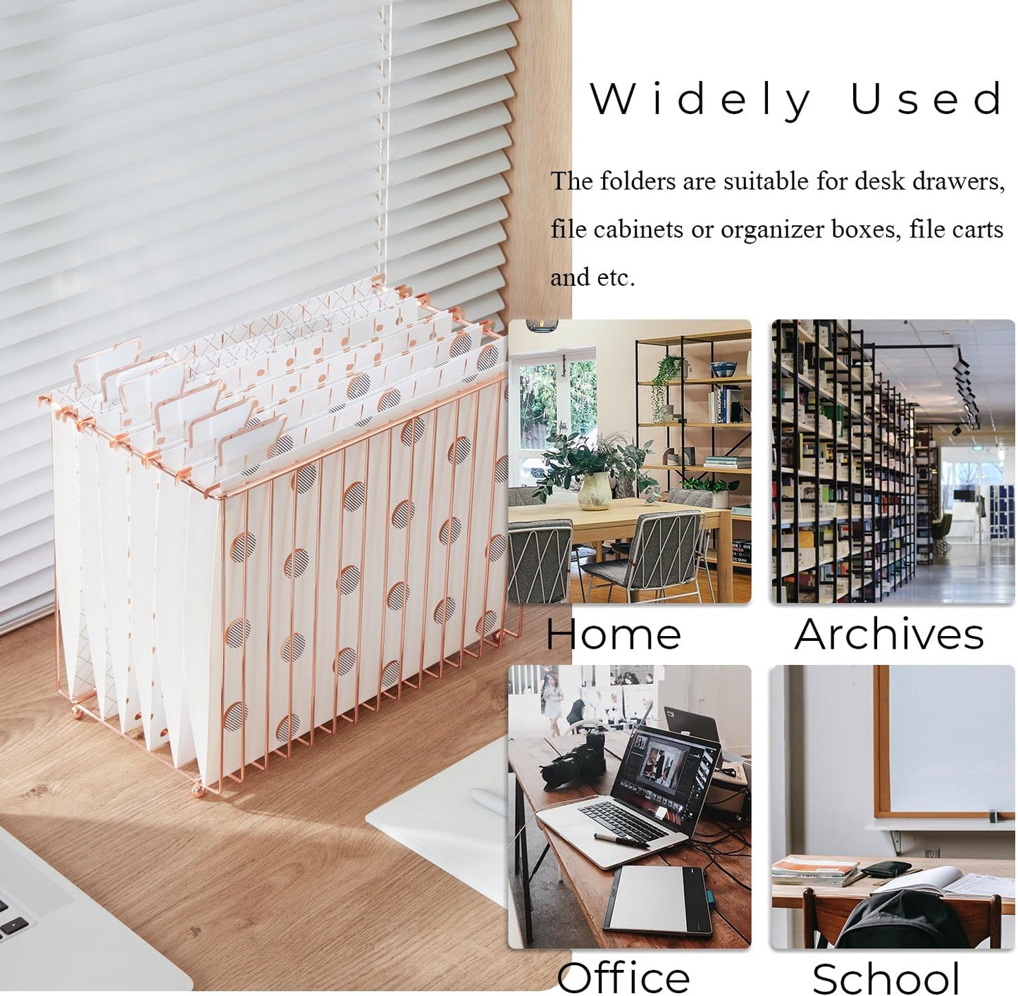 Y YOMA 1 Pack Rose Gold Desktop Hanging File Organizer | 12 Pack Rose Gold Hanging File Folders with Tabs & Insert | Letter Size Metal File Kit for Desk Home Office, I Shaped