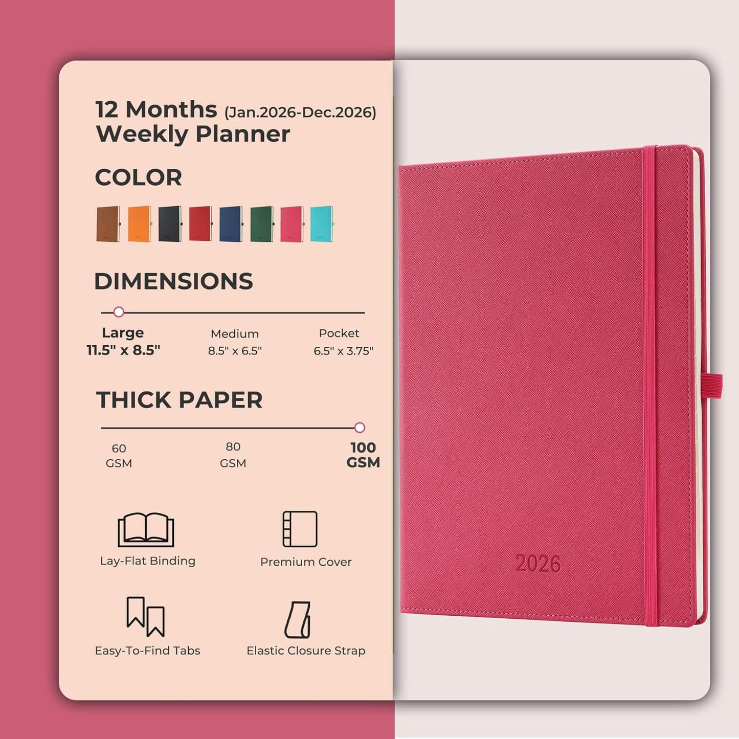 Weekly Monthly 2026 Planner (Jan.26-Dec.26),11.5"x8.5",12 Months Agenda Plan with Month Tabs & Pocket,Expenses/Note Pages, Appointment Book Calendar with Vegan Leather Cover,Rose Red