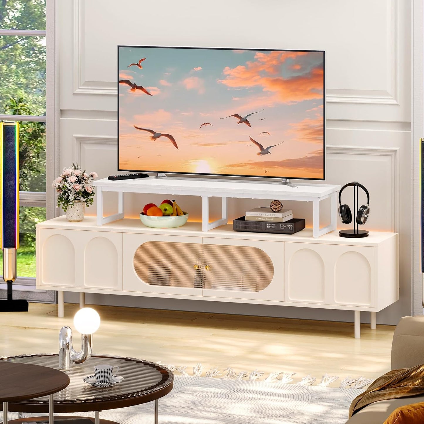 Clikuutory 45" Large TV Riser for 32-60 inch TVs, Tabletop Stand with Steel Legs, Storage & Dual - Screen Office Desk Function, Ideal for Home Office, Bedroom, Living Room, White