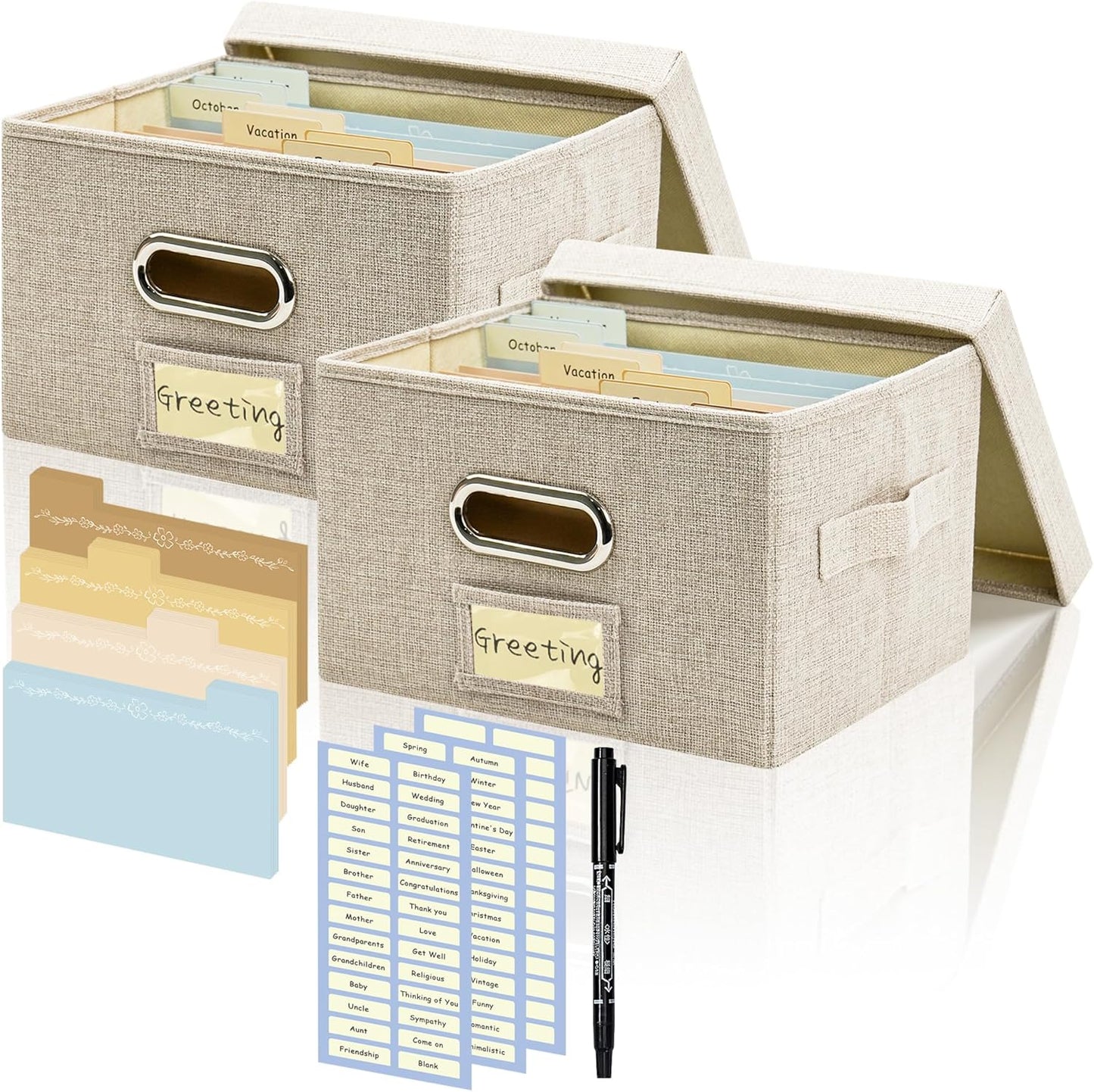 Greeting Card Organizer and Storage Box with 20 Pcs Adjustable Dividers, Storing Cards with 84 Pcs Labels Perfect for Storing Greeting Cards, Envelopes, Photos 2 Pack Beige