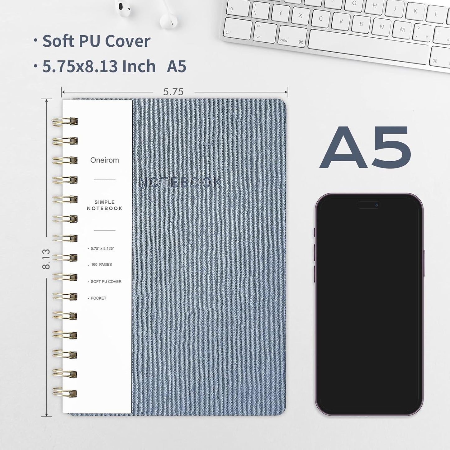 Lined Spiral Notebook College Ruled A5 Journal Book for Note Taking, 160 Pages Writing Journal for Office and Home School Supplies 5.75x8.125 inch (6pack-3Reefblue/3Black)