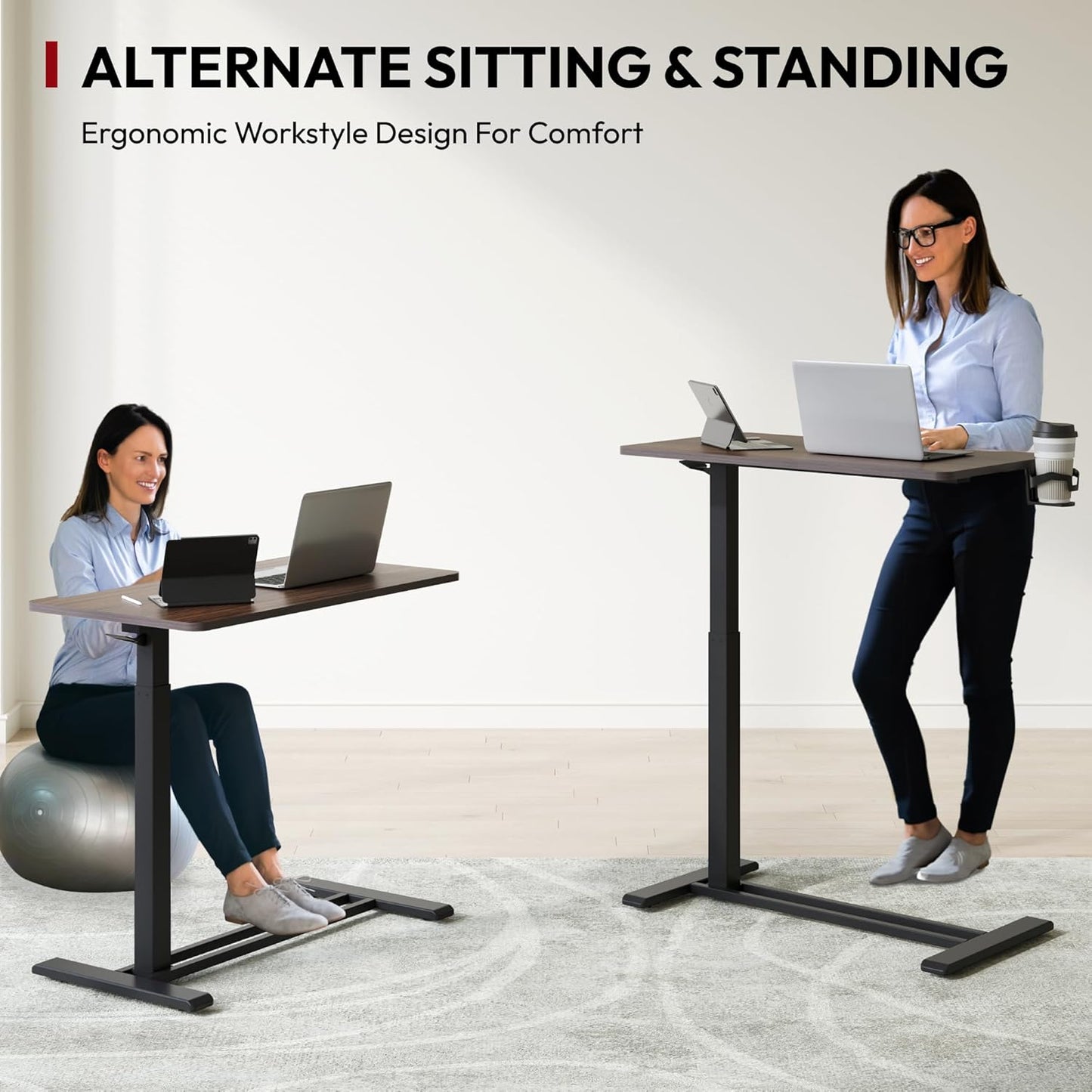 SANODESK Mobile Standing Desk with Hidden Wheels,Pneumatic Laptop Desk Rolling Computer Cart Movable Height Adjustable Small Sit Stand Desk for Home Office(31.5" W x 17.7" D,Black Walnut)