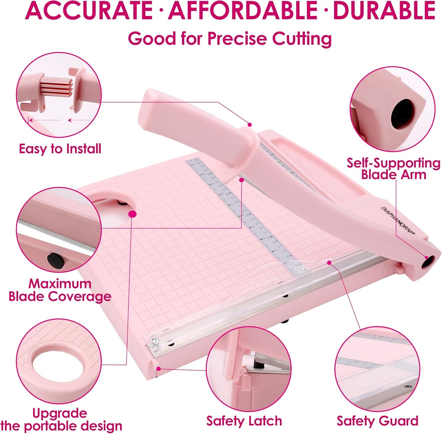 Paper Cutter Trimmer for Office&Crafts, Heavy Duty Guillotine Paper Trimmer with Portable Base Design/Safety Protection and Blade Lock, Paper Cutter 12 Sheets, Cardstock/Laminate (Pink)