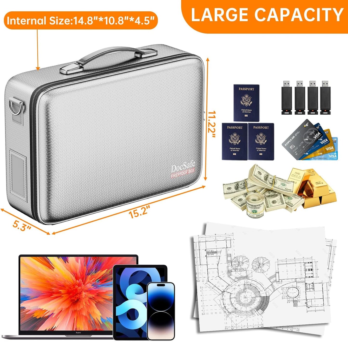 DocSafe Fireproof Document Box with Lock＆Shoulder Strap,Hard Case File Organizer with Accordion File Folder,Multi-Layer Portable Home Office Travel Safe Storage for Important Documents Laptop Silver