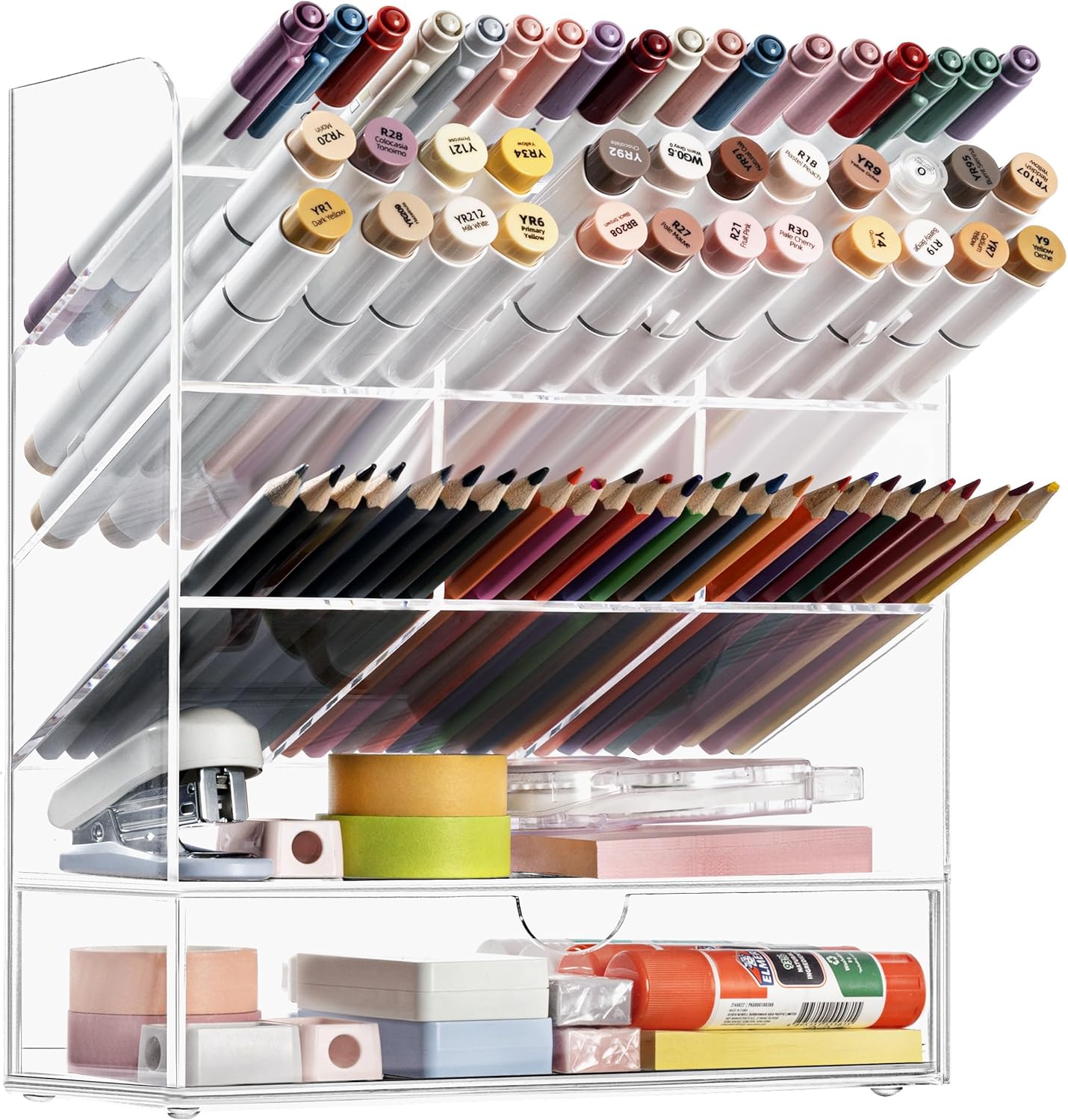 HBlife Acrylic Pen Desk Organizer with Drawer, Clear Vertical Marker Organizer with 11 Compartments, Angled Large Stationary Pencil Display Holder, Art Supplies Organizer for Desk, School and Home