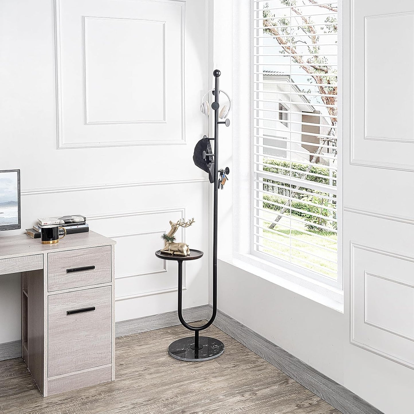 Coat Rack Stand, Metal Coat Tree with Bamboo Tray & 6 Hooks, Heavy Duty Marble Base Corner Coat Stand for Bedroom Hallway Entryway Living Room Office 13.78 x 13.78 x 68.11 Inches (Black)