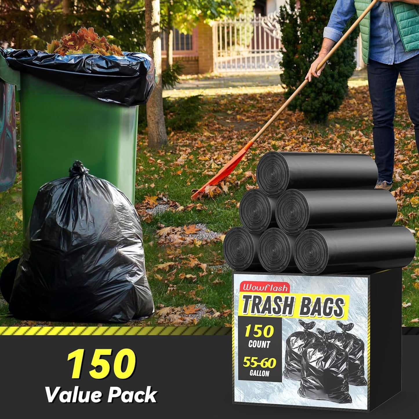 150 Count 55-60 Gallon Trash Bags, Sturdy & Tear-Resistant Commercial Can Liners 55 Gallon, Large Garbage Bags, Large Black Trash Bags for Commercial, Lawn and Leaf Bags