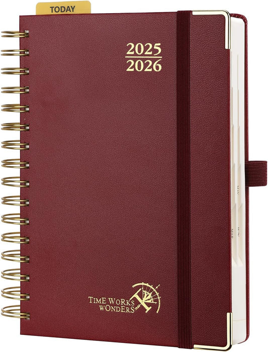 POPRUN Academic Daily Planner 2025-2026 One Page A Day - [5.75" x 8.5"- Spiral Hard Cover], Appointment Book (July 2025 - June 2026) with Monthly Calendar - Burgundy