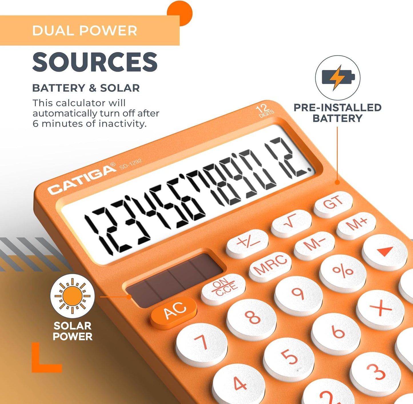 CATIGA 12 Digit Desktop Calculator Basic Desk Calculator with Large LCD Display, Big Buttons, 4 Function, Solar and Battery Dual Power, for Office, School, Home, SD-1292 Orange