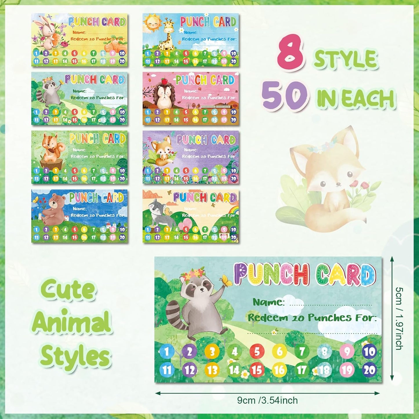 Fumete 400 Pcs Punch Cards for Classroom Reward Cards Behavior Incentive Loyalty Awards for Kids Students Teachers School Business, 8 Styles, 3.5 x 2 in(20 Cute Animal Punches Style)