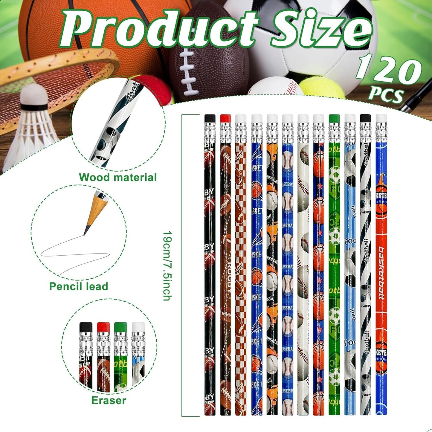 Cinrobiye 96 Pcs Sports Pencils Bulk, Basketball Football Baseball Scoeer Wood Pencils with Erasers Sports for School Prizes Classroom Exchange Gifts Party Favors Supplies, Stationary Gifts