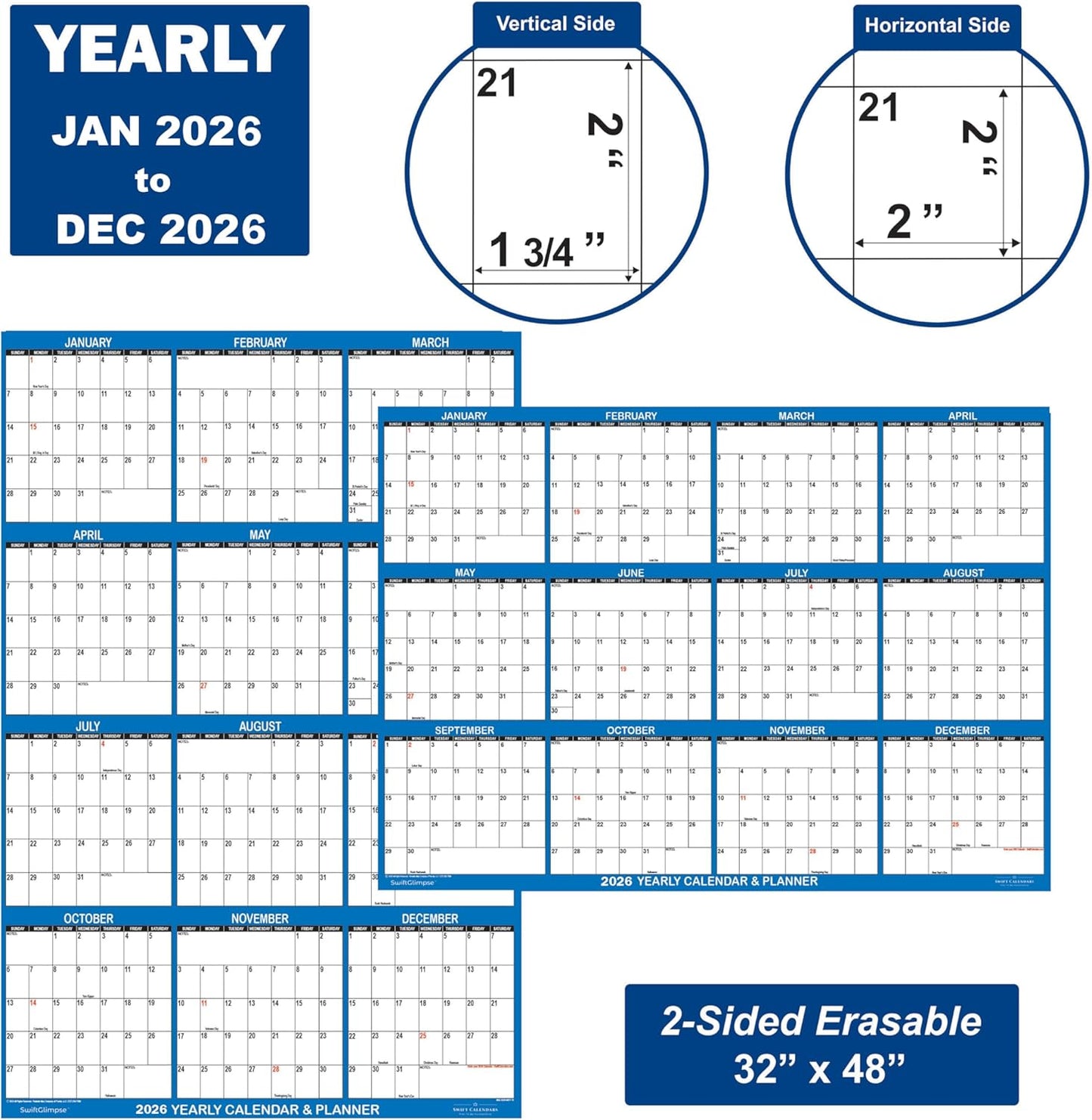 32" x 48" SwiftGlimpse 2026 Wall Calendar Erasable Large XL Wet & Dry Erase Laminated 12 Month Annual Yearly Wall Planner, Reversible, Navy