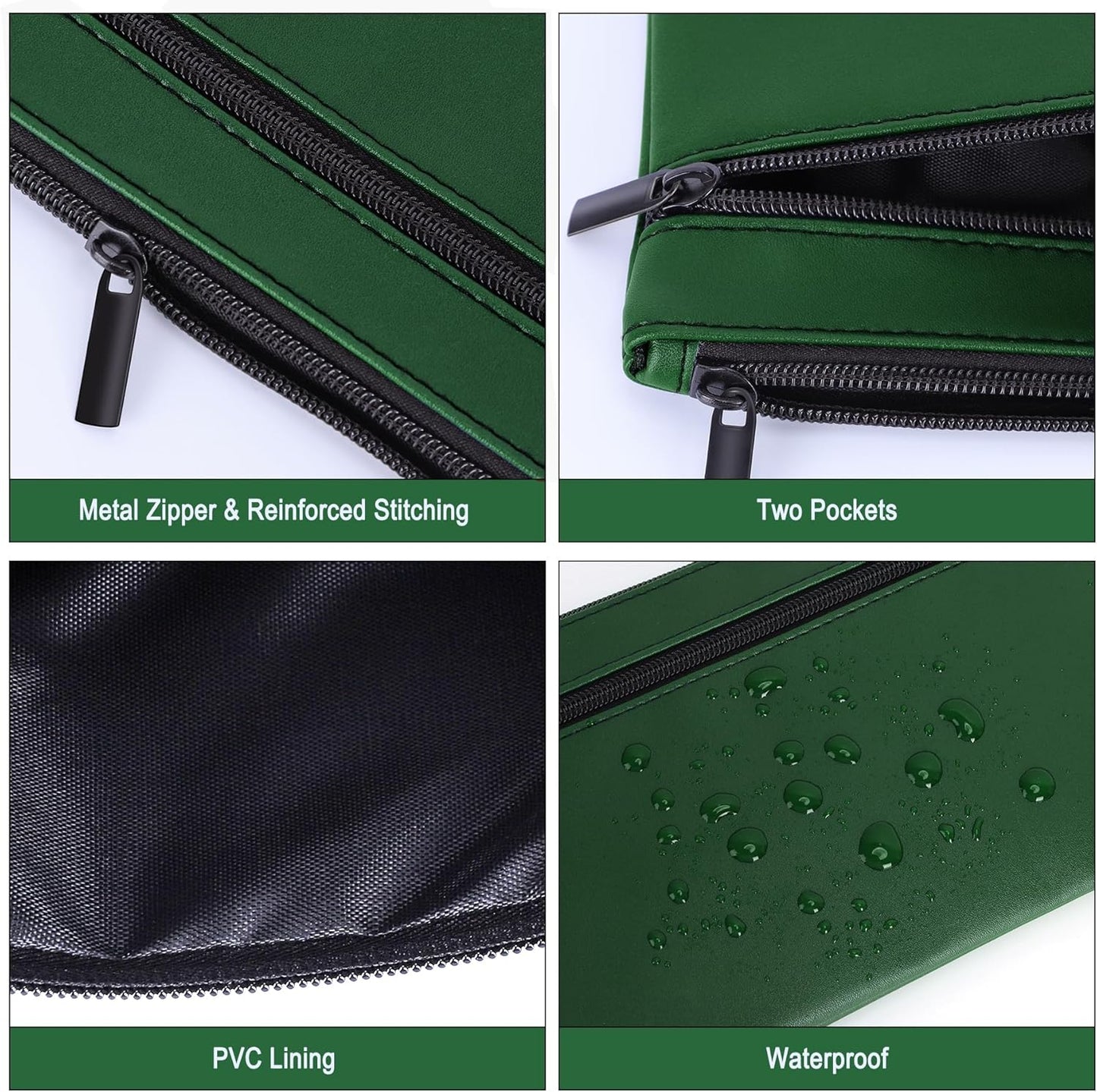 HAUTOCO Money Bag with Zipper 11x6.1 inch Money Pouch with Lined PU Leather Bank Bag Two Pockets Utility Wallet for Cash Check Receipt Coins Cosmetics, Deep Green