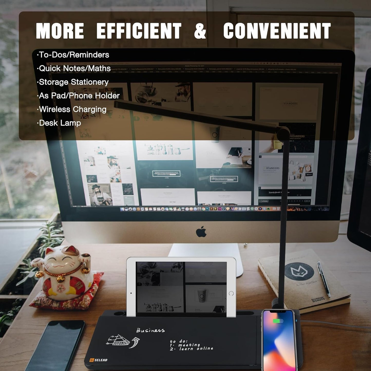 SELEAD Desktop Glass Whiteboard with Wireless Charger Station and Desk Lamp, Tabletop Dry Erase Board w/Organizer, Markers, Mirror, Holder for Home School Office Desk Accessories, Black