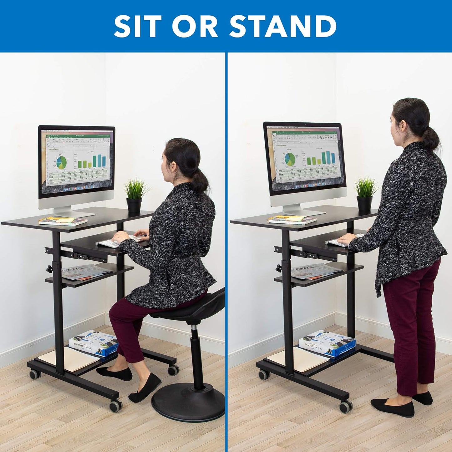 Mount-It! Mobile Standing Desk with Retractable Keyboard Platform | Height Adjustable Stand Up Computer Workstation | Locking Wheels, 99 Lbs Capacity