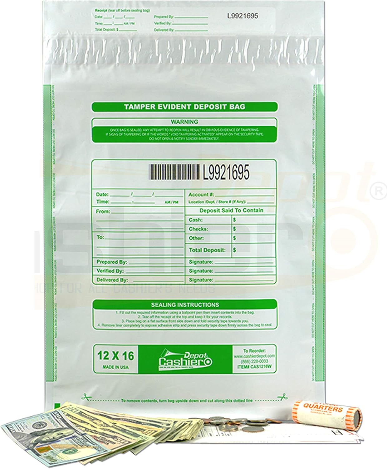 100 Cashier Depot Tamper Evident Bank Deposit Bags, 12" x 16" White/Opaque, Serialized Numbering, Barcode, Press & Seal Void Closure Tape (100 Bags)