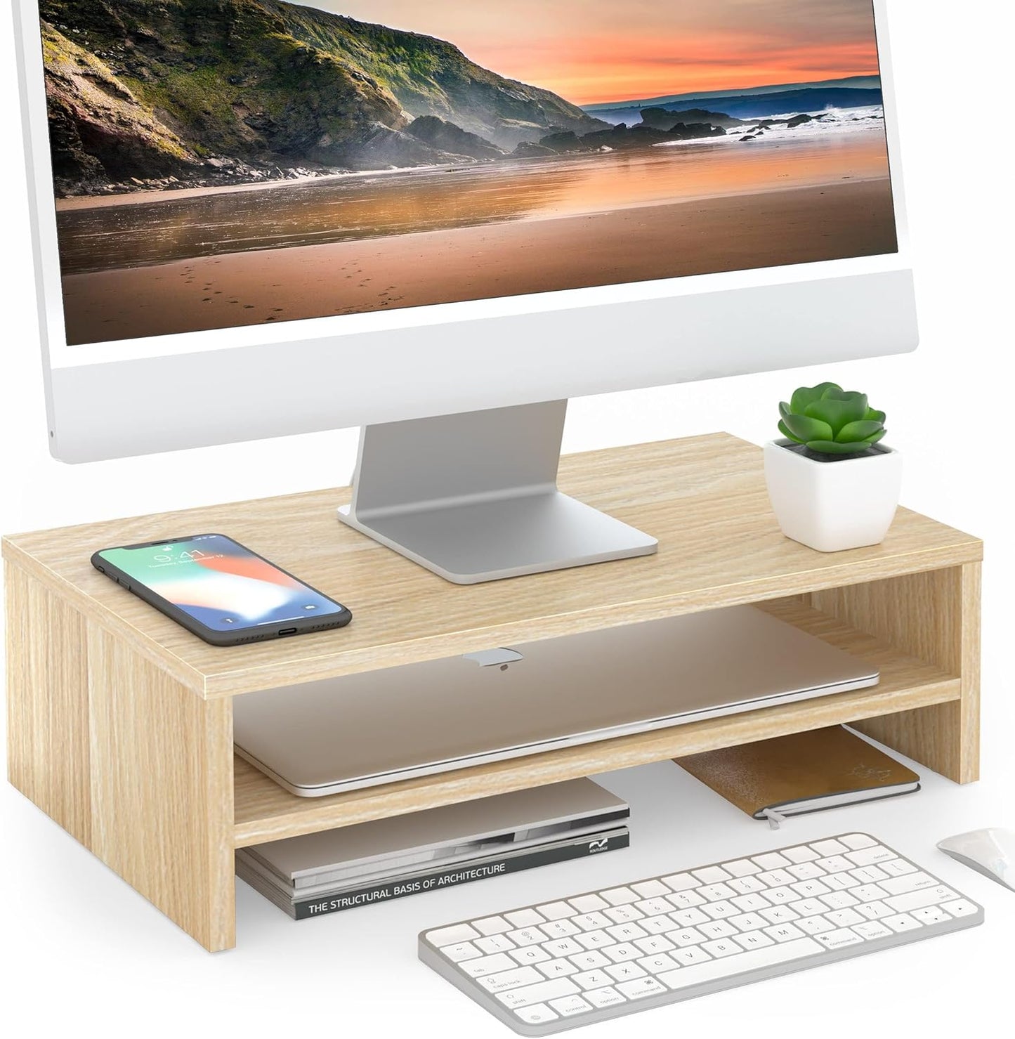 FITUEYES Monitor Stand - 2 Tier Computer Monitor Riser Shelf, Wood Desktop Stand for Laptop Computer Screen, Desk Organization, Office Supplies