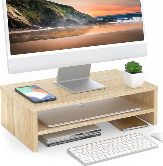FITUEYES Monitor Stand - 2 Tier Computer Monitor Riser Shelf, Wood Desktop Stand for Laptop Computer Screen, Desk Organization, Office Supplies