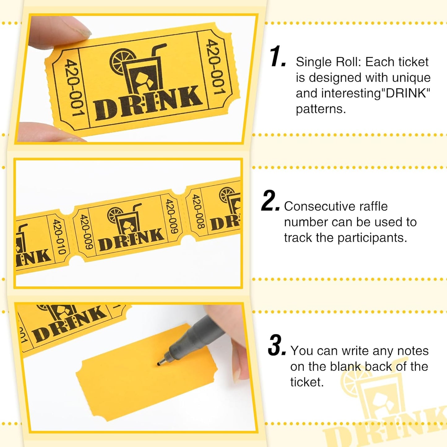 ESSENTIAL 1000 Raffle Tickets Rolls, Drink Tickets Single Roll for Events, Leisure, Movie Watching, Entertainment, Class Reward & Prizes (Yellow - 5 Color Selection)