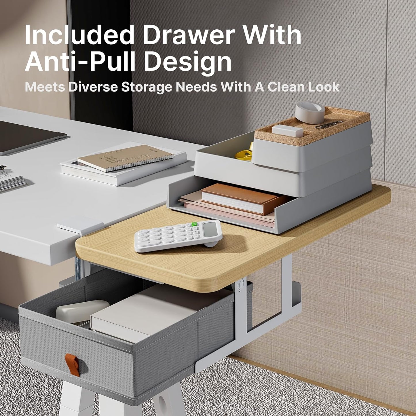 Desk Extender Tray, 24" x 12" Clamp On Desk Shelf, Desk Extension with Storage Drawer, Table Desk Arm Rest, Clamp On Keyboard Tray for Office and Home, Workstation Organizer, Medium, Wood