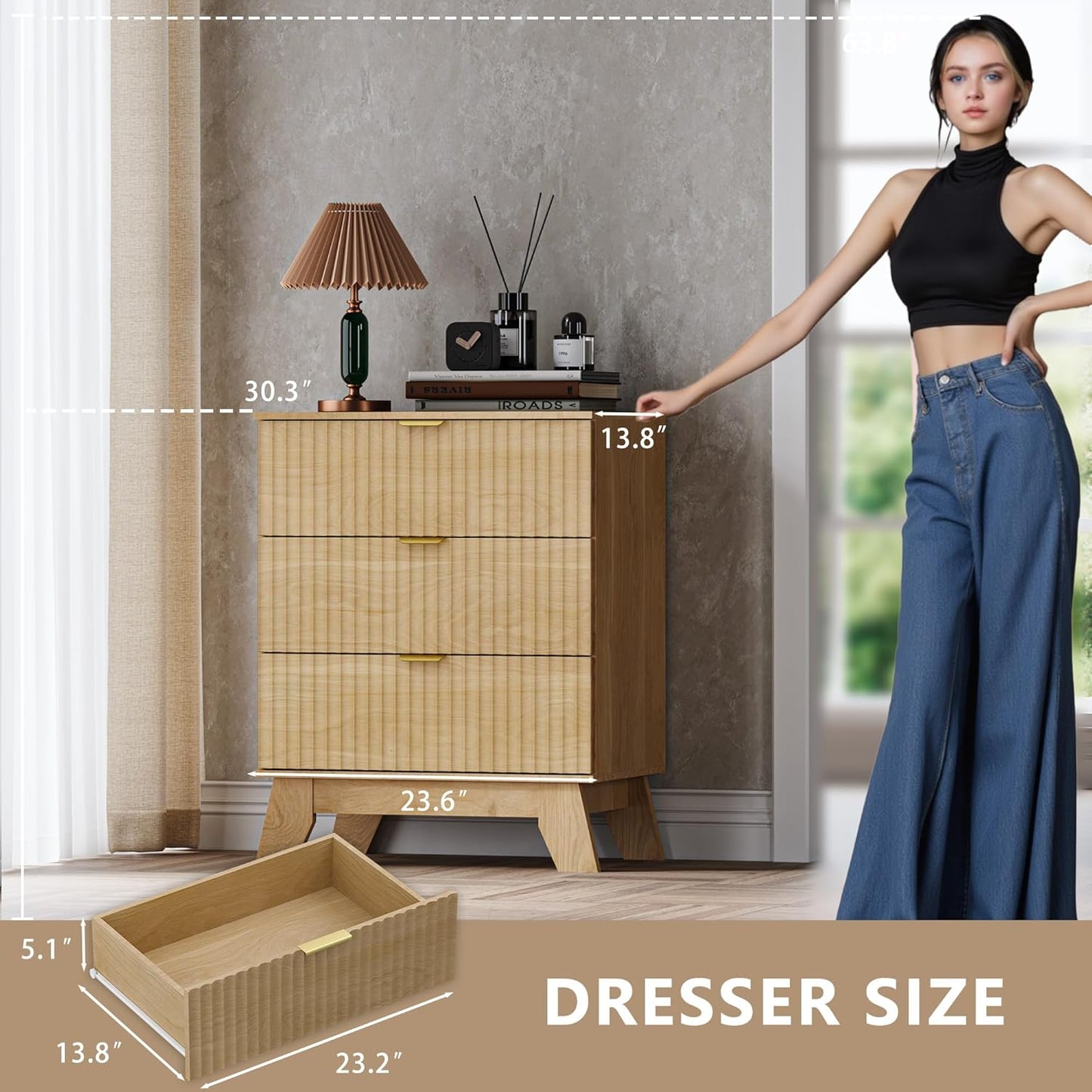 Fluted 3 Drawer Dresser, 30.3" Tall Compact Modern Boho Chest of Drawers, Wooden Storage Cabinet for Bedroom, Living Room, Entryway, Curved Profile Design