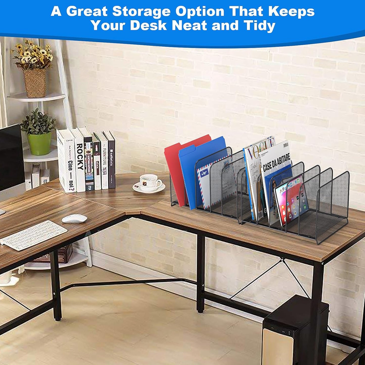 5 Sections Desk File Holder/Rack/Sorter,Mesh File Organizer,File Folder Organizer,Metal Upright Desktop Organization for Documents,Magazine,Kitchenware,Antiskid,Antirust,Sturdy,2 Packs