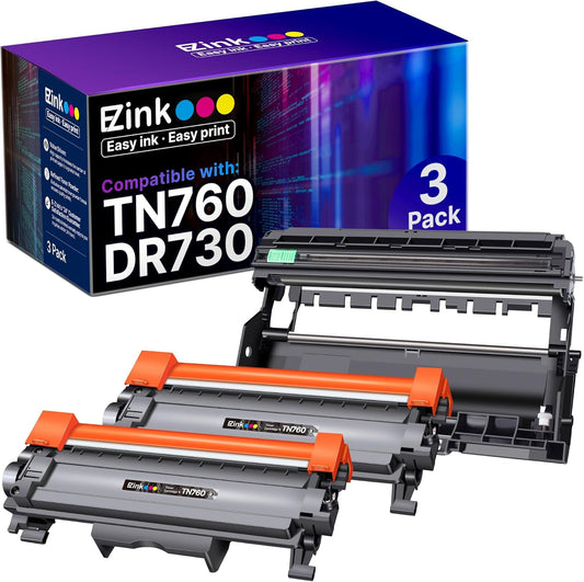 E-Z Ink TN760 Toner Cartridge and DR730 Drum Unit Compatible for Brother TN-760 TN730 DR 730 to Use with MFC-L2710DW MFC-L2750DW HL-L2370DW DCP-L2550DW (3 Pack, 2 Toner Cartridge, 1 Drum Unit)