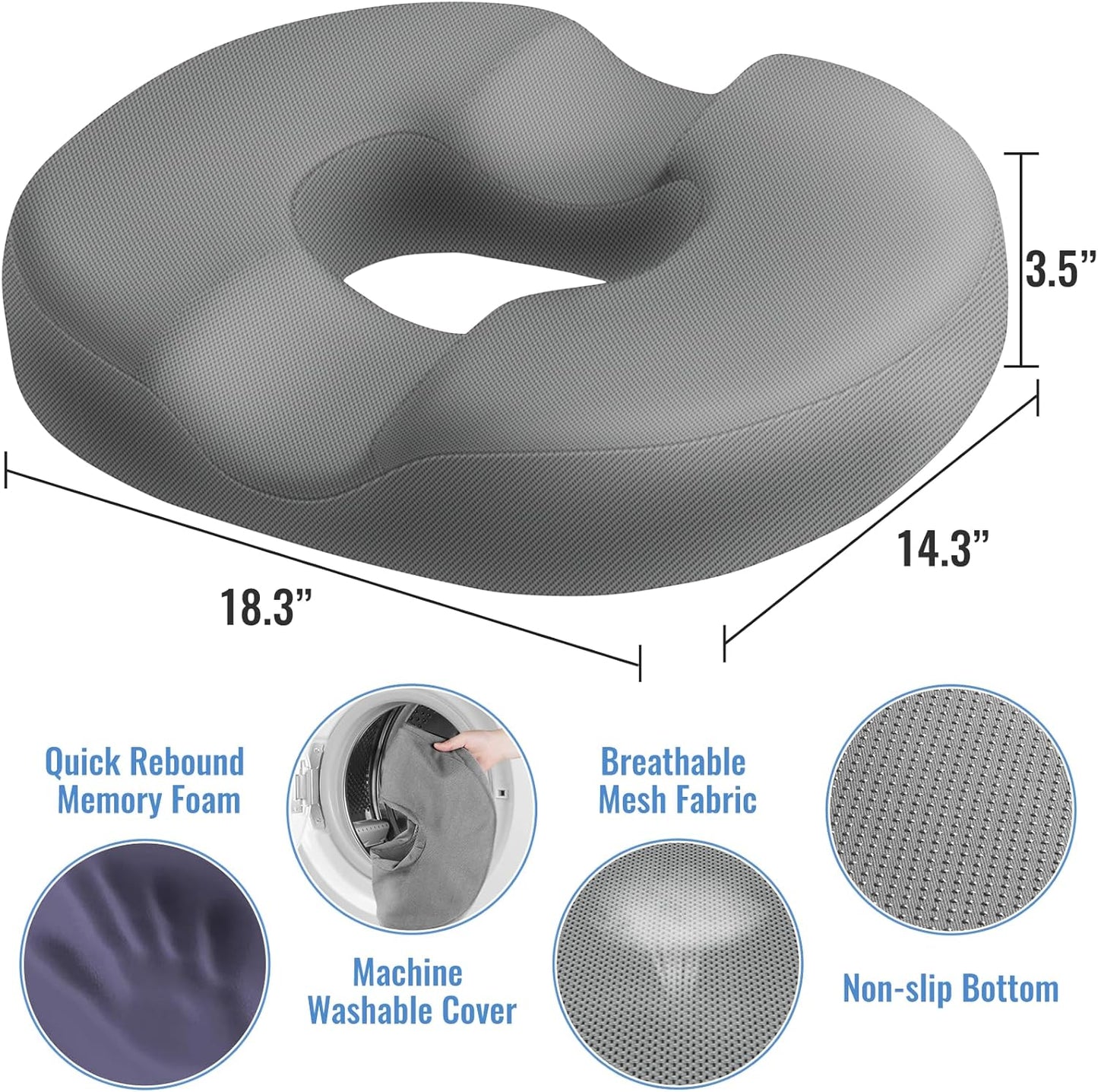 CloudBliss Donut Pillow Seat Cushion Chair Pad for Tailbone Pain Relief and Hemorrhoids, Memory Foam Seat Chair Cushion for Men and Women for Home & Office, (Light Grey-XL)