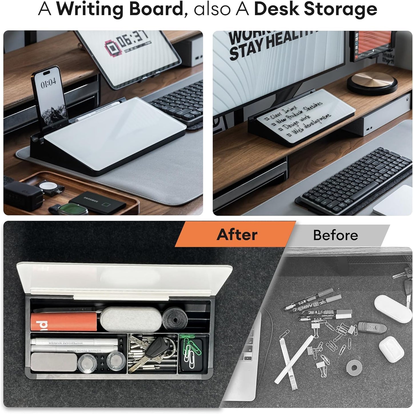 Glass Desktop Whiteboard with Storage 12"x6.5", Glass Whiteboard Desk Dry Erase Board w. 2 Markers,1 Eraser Monitor Mono Board, Office Desk Accessories, Work from Home Essentials