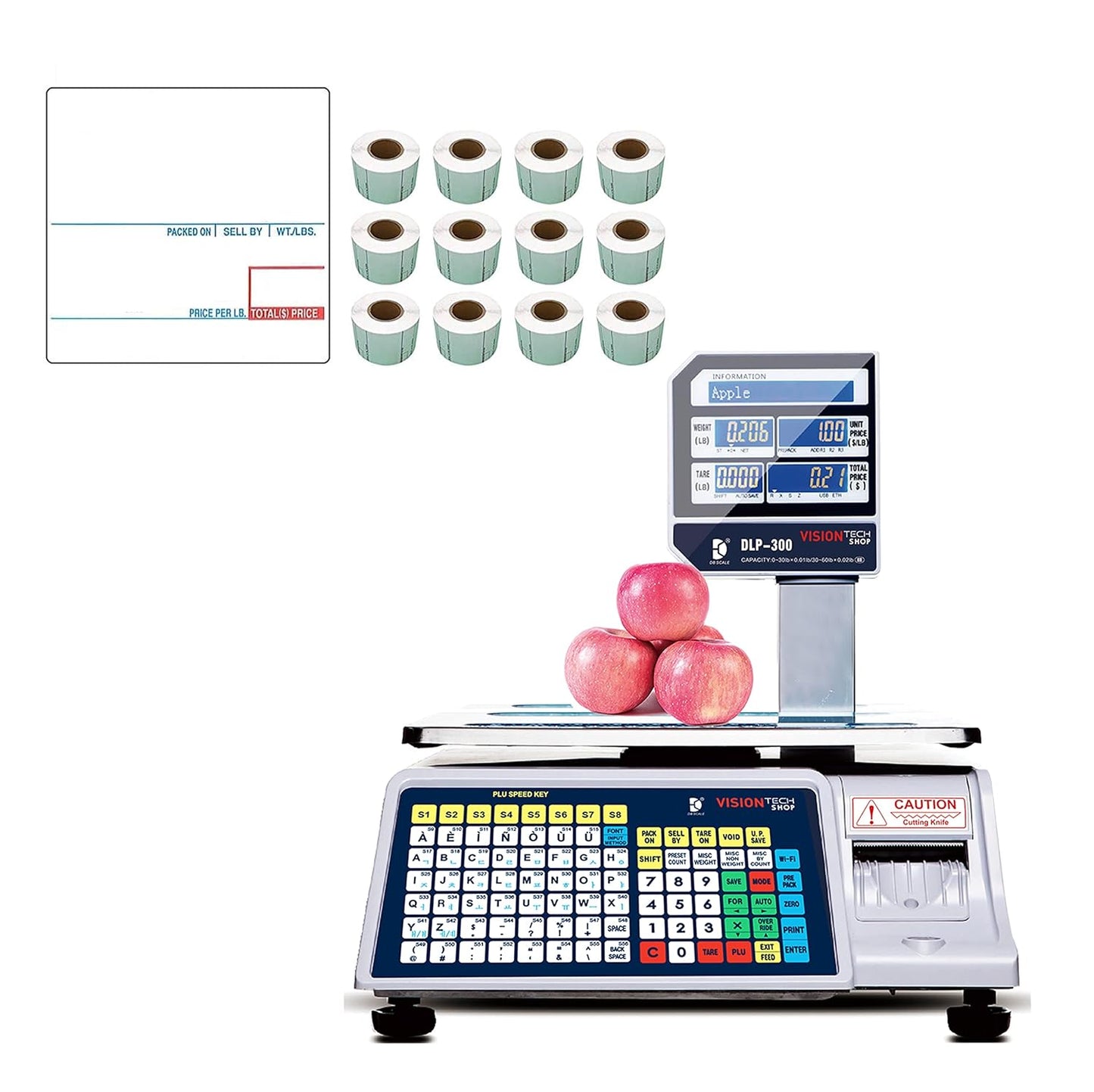 VisionTechShop DLP-300 Label Printing Scale Pole Display, 30/60lbs Capacity, 0.01/0.02lbs, NTEP Legal for Trade with a Free 1 case CAS LST-8020 UPC w/Ingredients Label, 58 x 60 mm