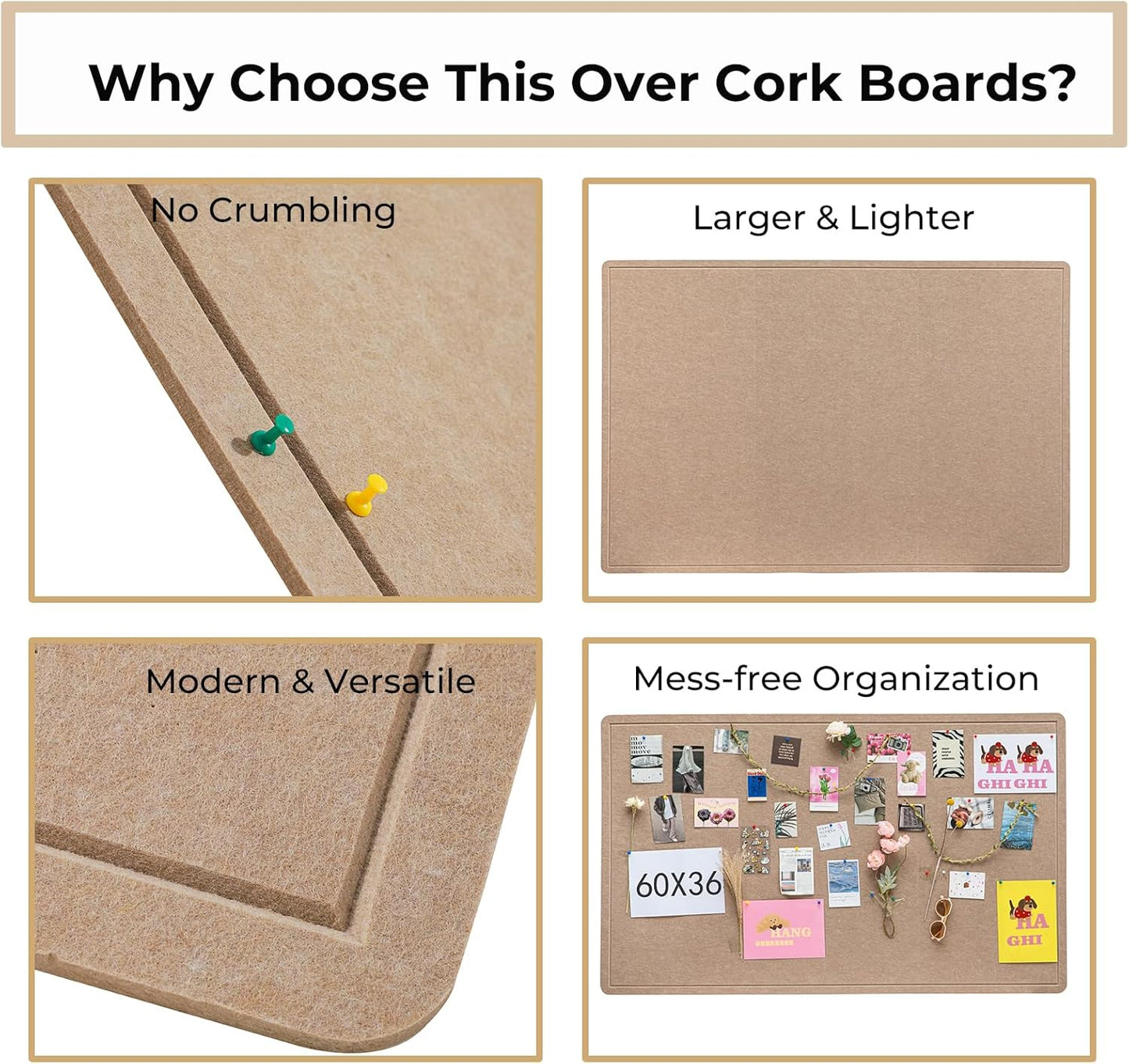 Foldable Large Felt Bulletin Board for Wall 72"x 48", Decorative Picture Framed Display Board with Self-Adhesive Tape for School, Home, Kitchen & Office Walls, Includes 30 Pins, Oatmeal