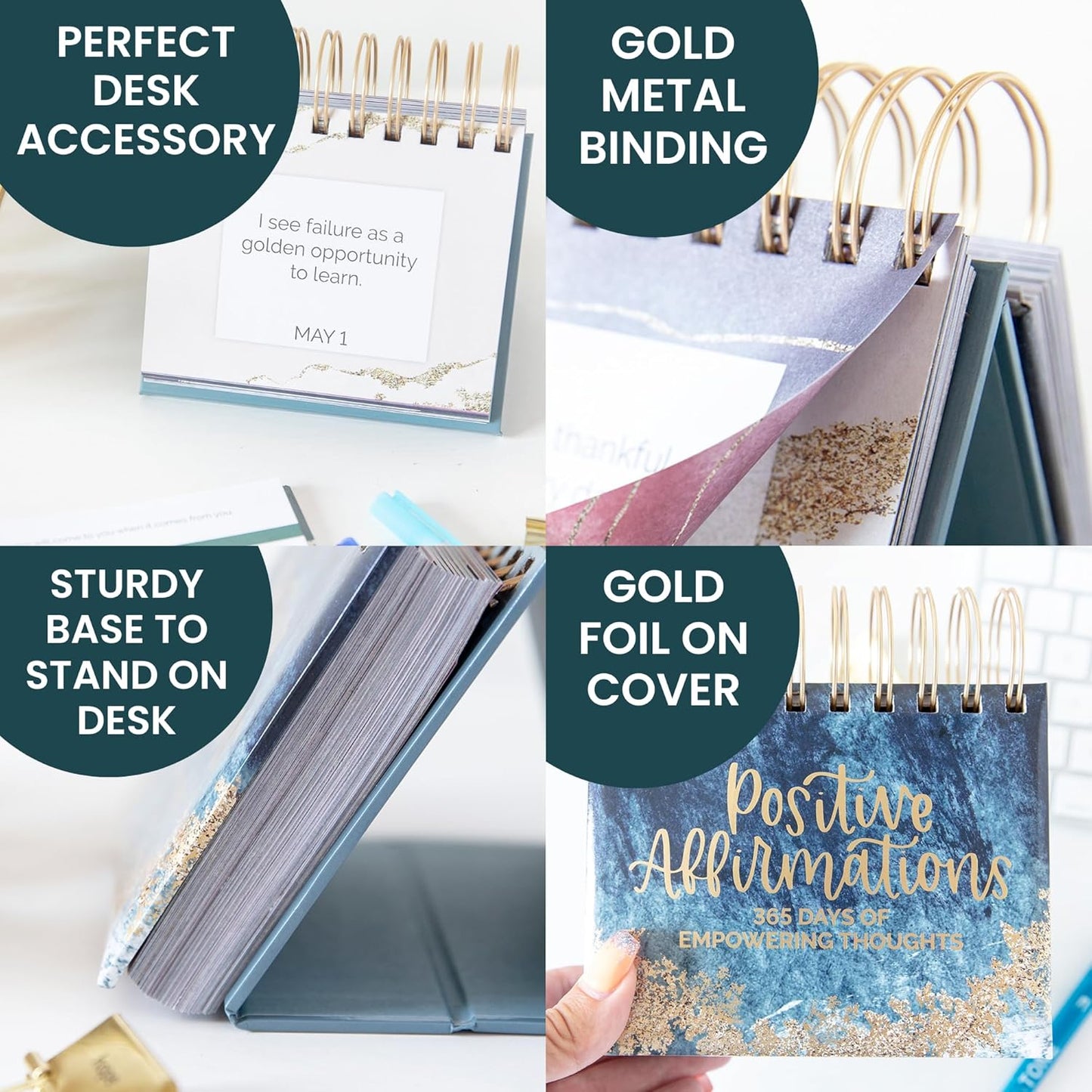 bloom daily planners Undated Perpetual Desk Easel/Inspirational Standing Flip Calendar - Motivational Page a Day - (5.25" x 5.5") - Positive Daily Affirmations