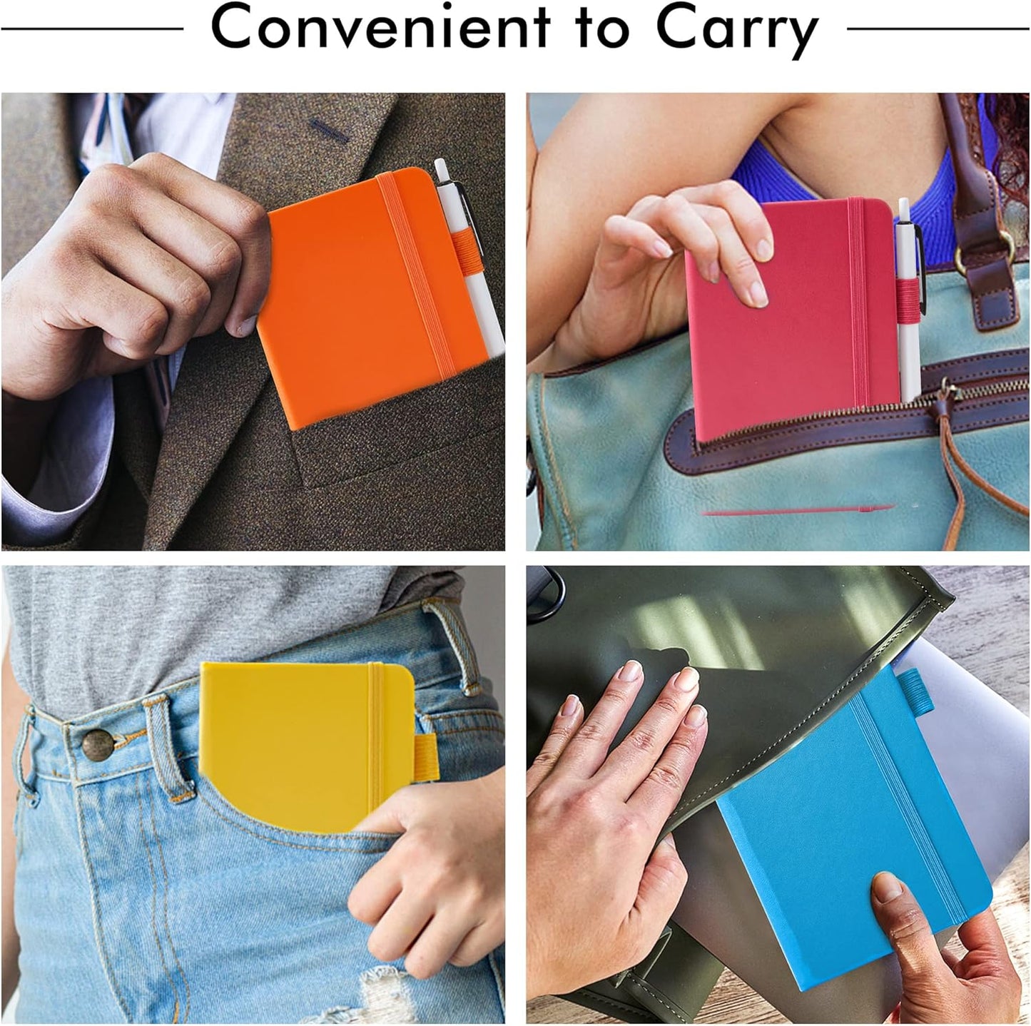 feela Pocket Mini Notebooks Bulk, Small Cute Memo Notepads Hardcover College Ruled Lined Journals with Pen Holder for School Business Work, with 6 Black Pens, 3.5”x 5.5”, 6 Pack, A6, Solid Colors