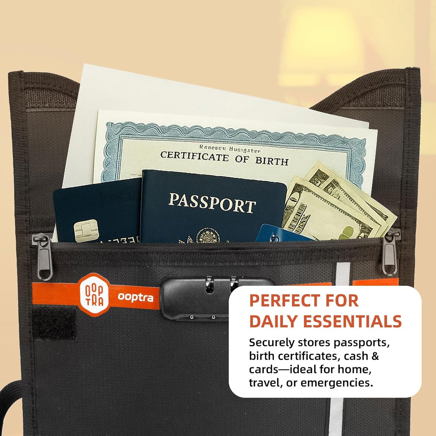 Fireproof Document Bag (Black) – Waterproof Zipper & Lock – for Home, Office & Travel – Holds Files, Cash, Passport, Valuables – Fire & Water Resistant