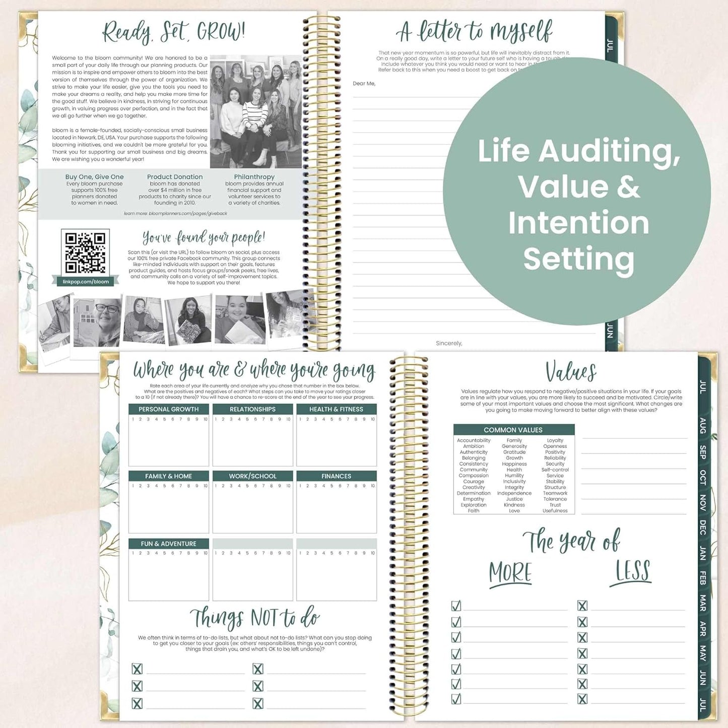 bloom daily planners 2025-2026 Hardcover Academic Year Goal & Vision Planner (July 2025 - July 2026) - Monthly & Weekly Calendar Agenda Organizer - 7.5" x 9" - Eucalyptus, White